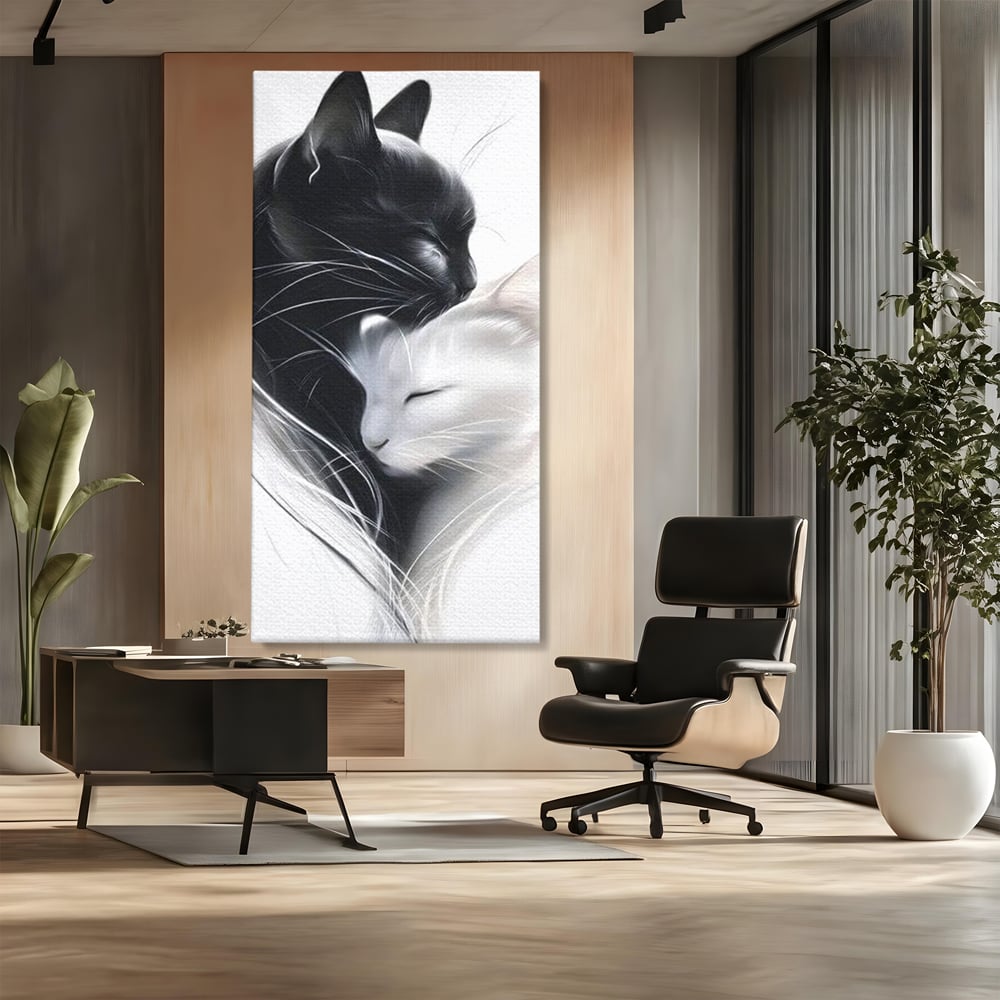 Tablou canvas cu tablou canvas cu pisici alb si negru, fara rama, pe sasiu de lemn, pe perete intr-un birou